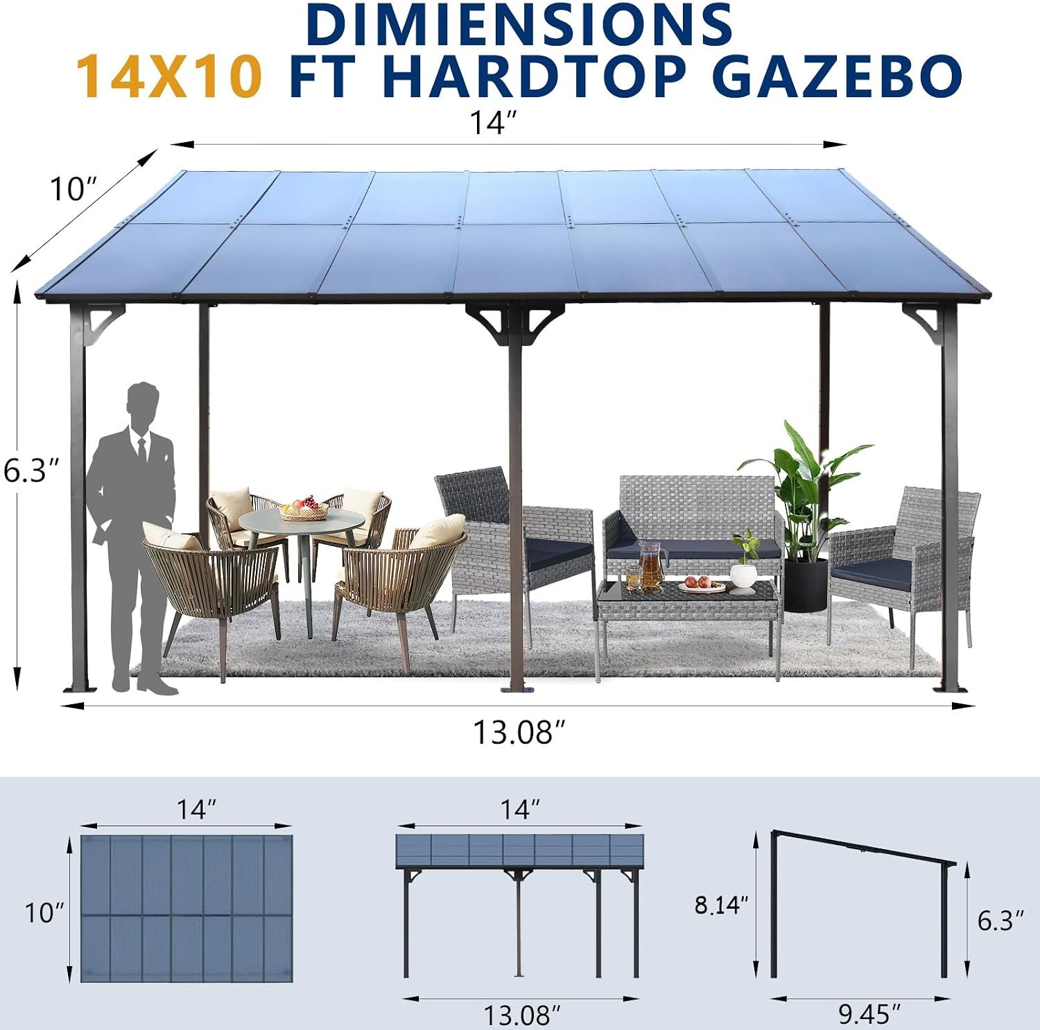 10 x 14 ft. Wall-Mounted Lean-To Gazebo with Polycarbonate Roof, Grey thumbnail 3