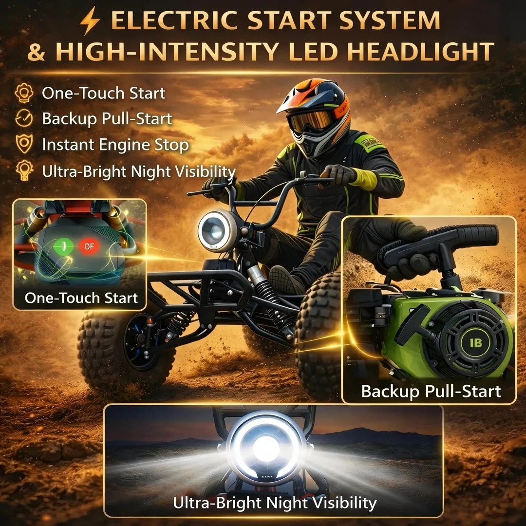 212cc 4 Stroke Off Road Go Kart With CVT Automatic Transmission Hydraulic Disc Brakes Electric Start And Pull Start Neutral Forward Reverse 8 Inch All Terrain Tires LED Headlight Black Beast thumbnail 3