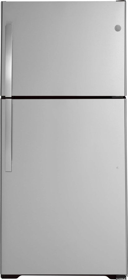 GE 21.9 Cu. Ft. Garage-Ready Top-Freezer Refrigerator, Stainless Steel - Image 1