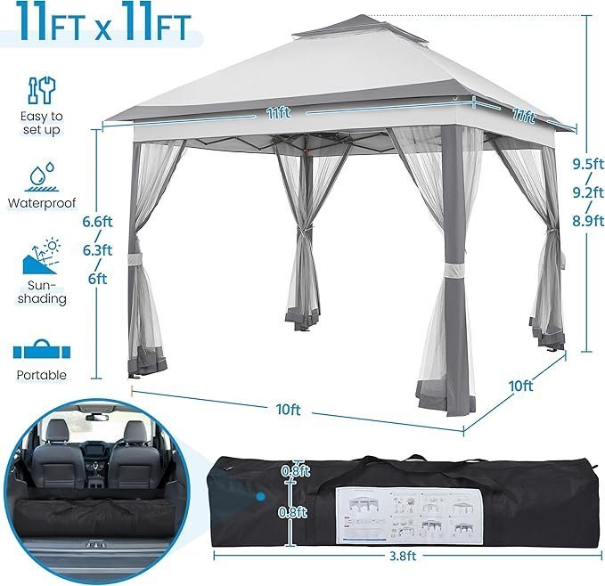 Yaheetech 11 x 11 ft. Pop-Up Gazebo with Mesh Sidewalls, 4 Sandbags and Double-Tier Roof (YTtp9t0002001) thumbnail 3